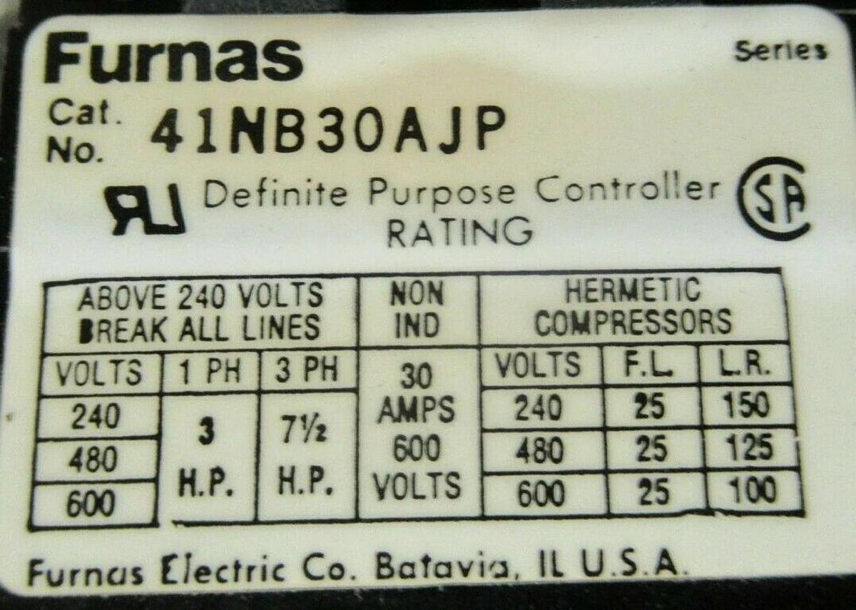Used FURNAS 25 AMP CONTACTOR 41NB30AJP 600 VAC COIL: 24 VOLT DEFENITE PURPOSE