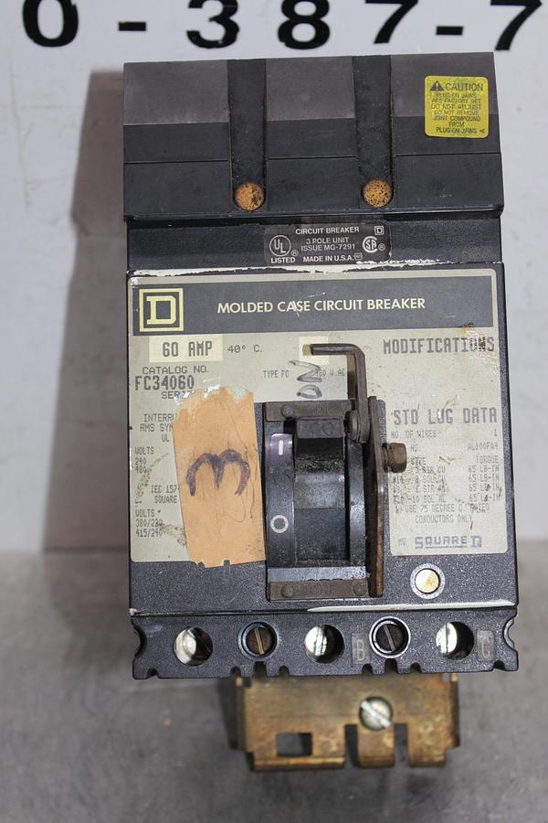 Used SQUARE D I-LINE CIRCUIT BREAKER FH36060 60 AMP 600 VOLT 3-POLE