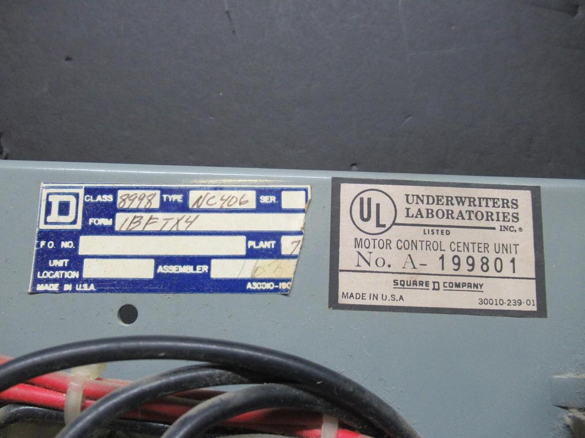 Used SQUARE D MCC MOTOR CONTROL STARTER 12" MODEL 4 W/ NEMA SIZE 1 8536SCO3 10 HP