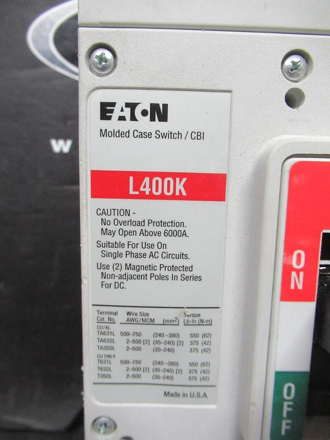Used EATON MOLDED CASE SWITCH LGK3400KSG 400 AMP 600 VAC 3-POLE STYLE: L400K