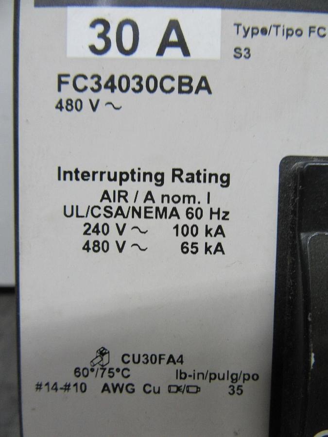 Used SQUARE D I-LINE CIRCUIT BREAKER FCB34030CBA 30 AMP 480 VAC 3-POLE **WARRANTY**