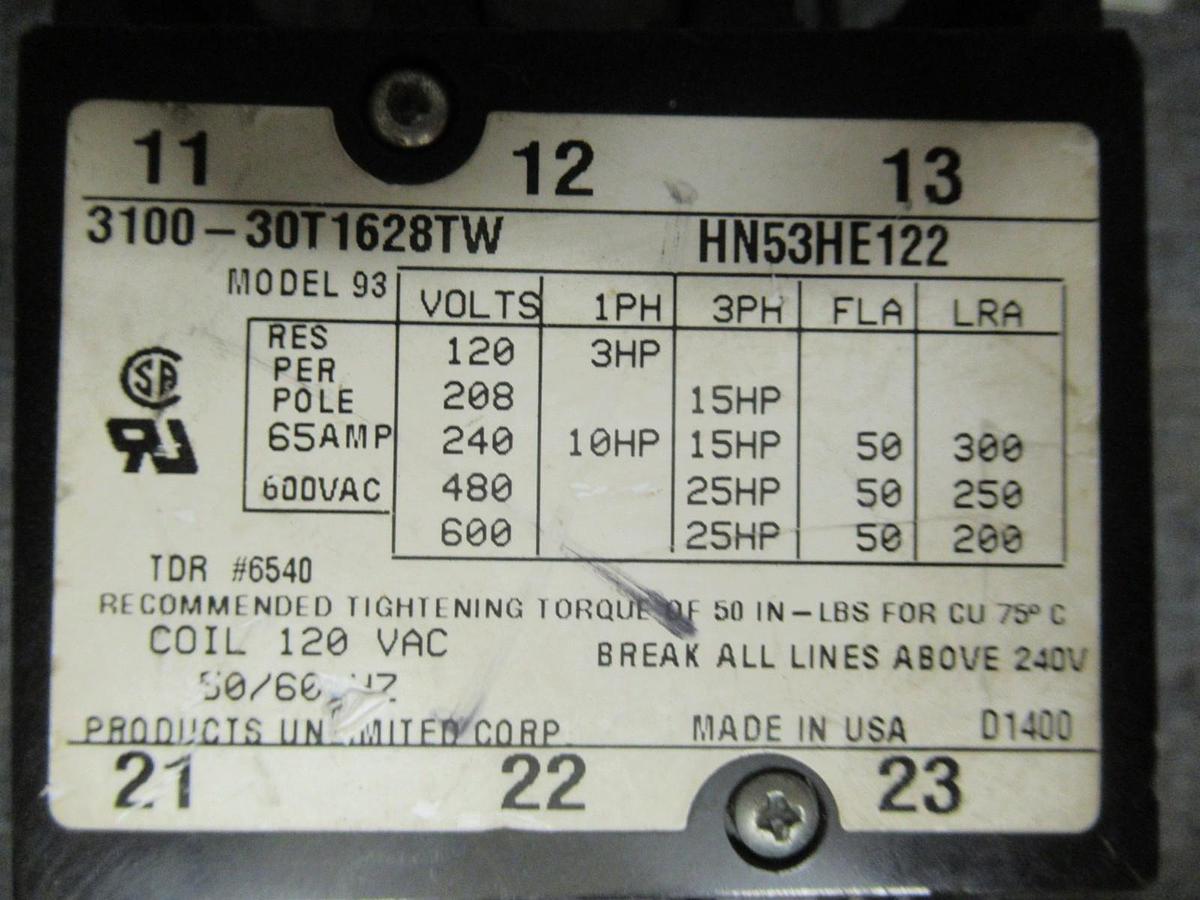 Used PRODUCTS UNLIMITED CONTACTOR 3100-30T1628TW 600V 25HP 65A/RES HN53HE122