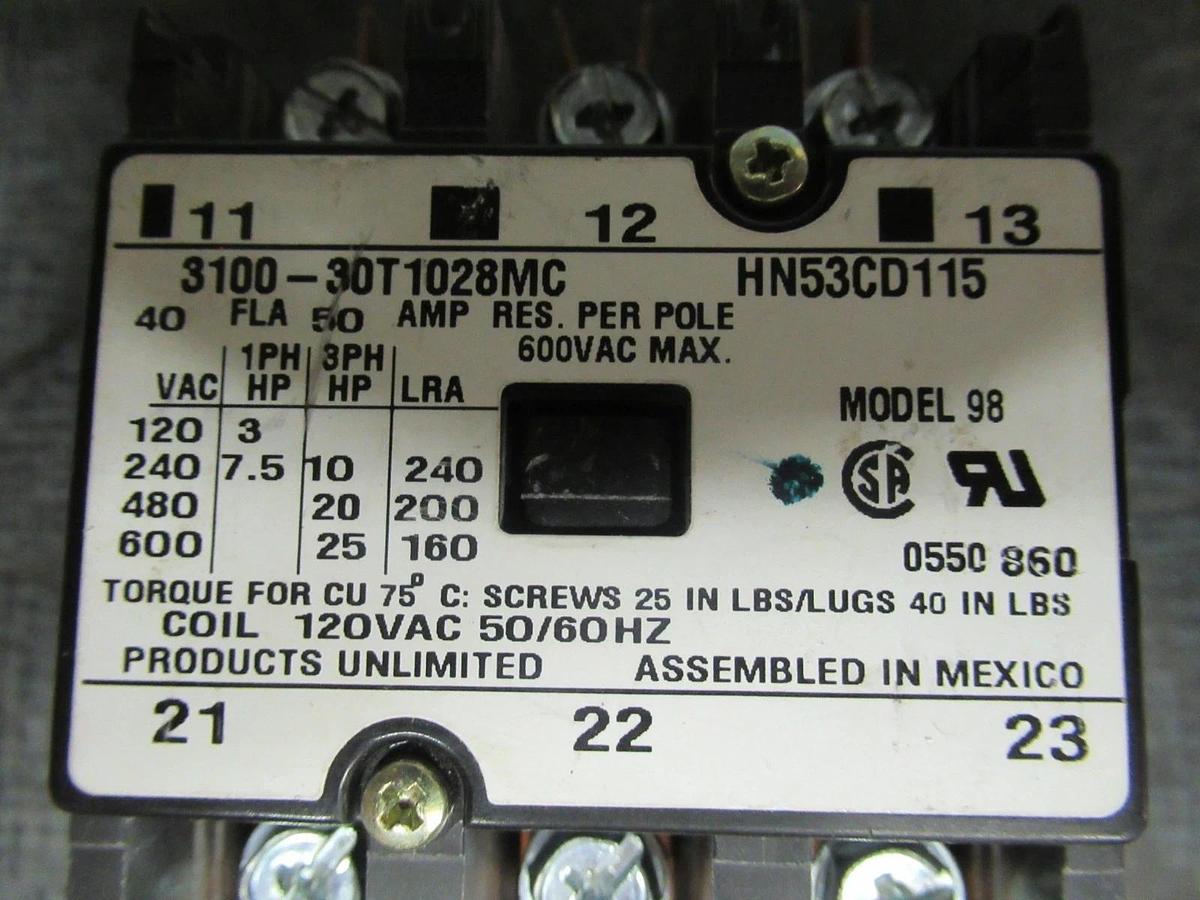 Used PRODUCTS UNLIMITED CONTACTOR 50A/RES 600V 25HP 120V COIL 50/60HZ 3100-30T2028MC