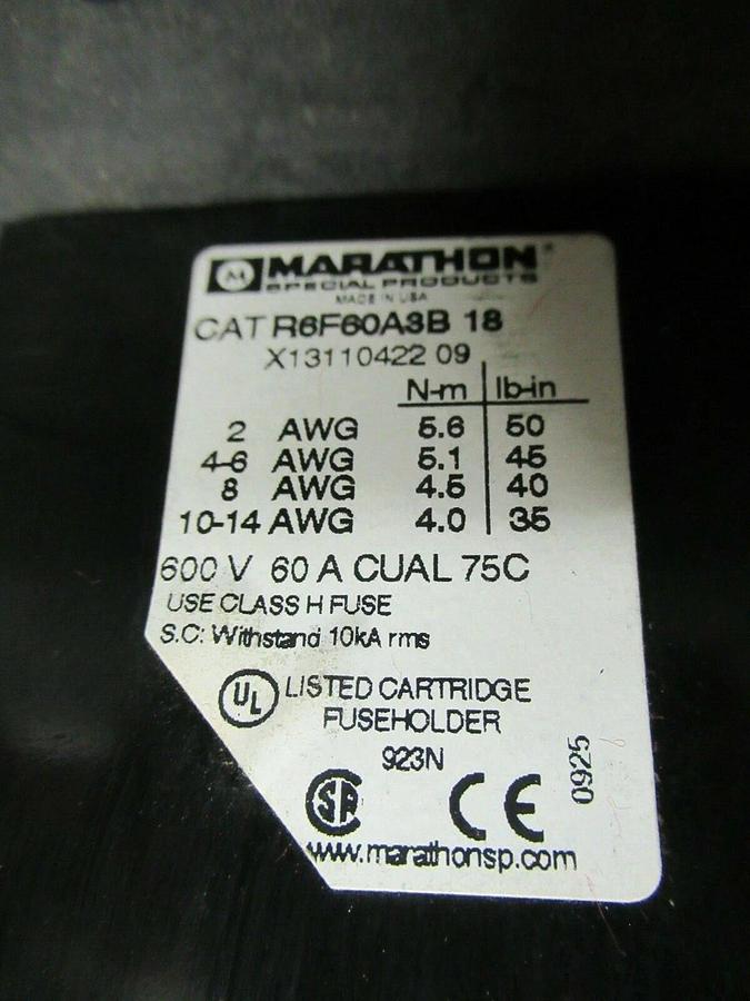 Used MARATHON FUSE HOLDER R6F60A3B 18 FOR 60 AMP 600 V CLASS H FUSES **WARRANTY**