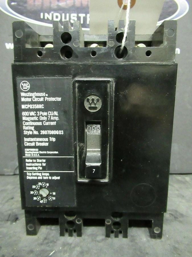 Used 7 AMP WESTINGHOUSE BREAKER MCP0358RC 600 VAC 3-POLE **WARRANTY INCLUDED!**