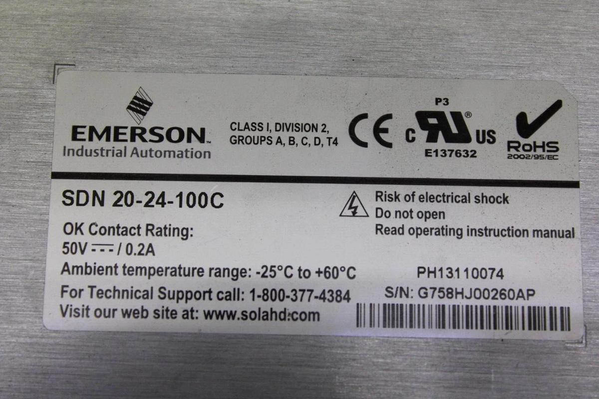 Used EMERSON SOLA POWER SUPPLY SDN-20-24-100C PH13110074 500 VDC 0.2 AMP **WARRANTY**