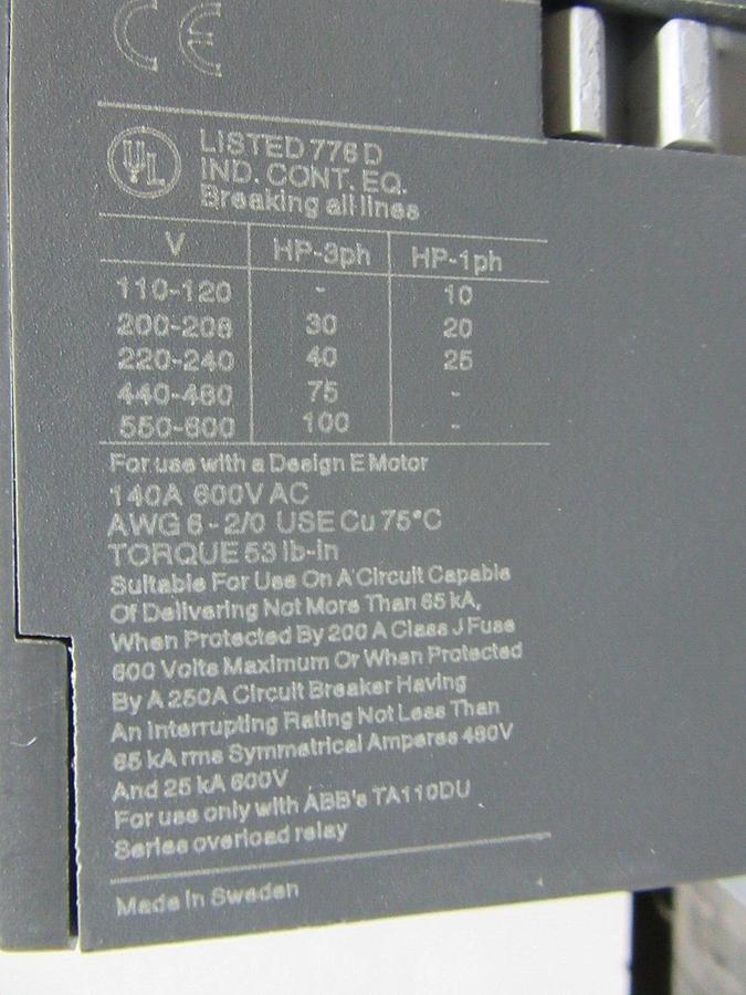 Used YORK CONTACTOR 024-31110-000 140 AMP 600 VAC 100 HP 600 VAC 3-POLE 3-PHASE