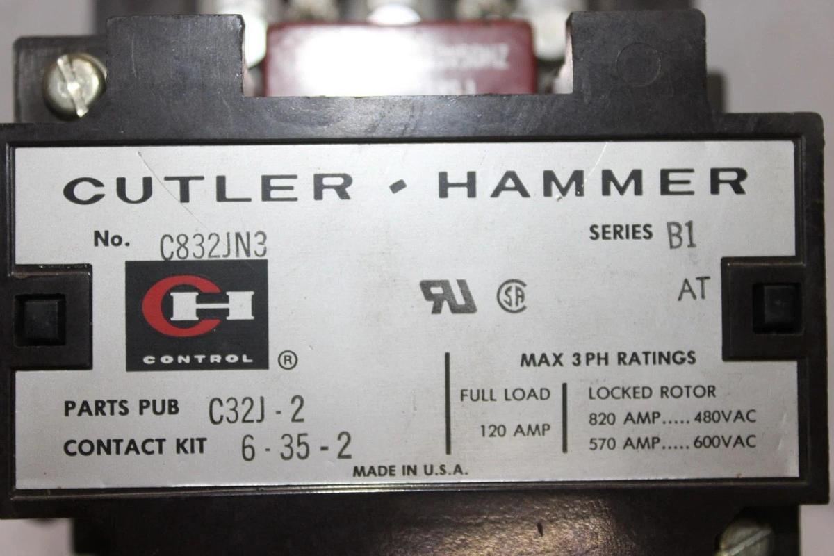 Used CUTLER-HAMMER CONTACTOR C832JN3 120 AMP 600 VAC 3-POLE COIL: 110/120V *WARRANTY*