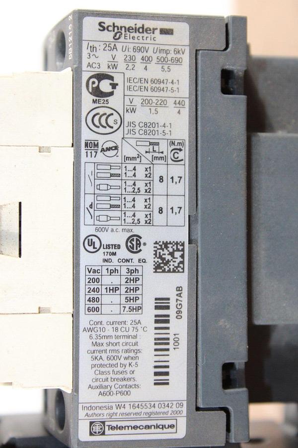 Used SCHNEIDER STARTER LC1D09 25 AMP 600 VAC 7.5 HP W/ LRD-08 *WARRANTY*