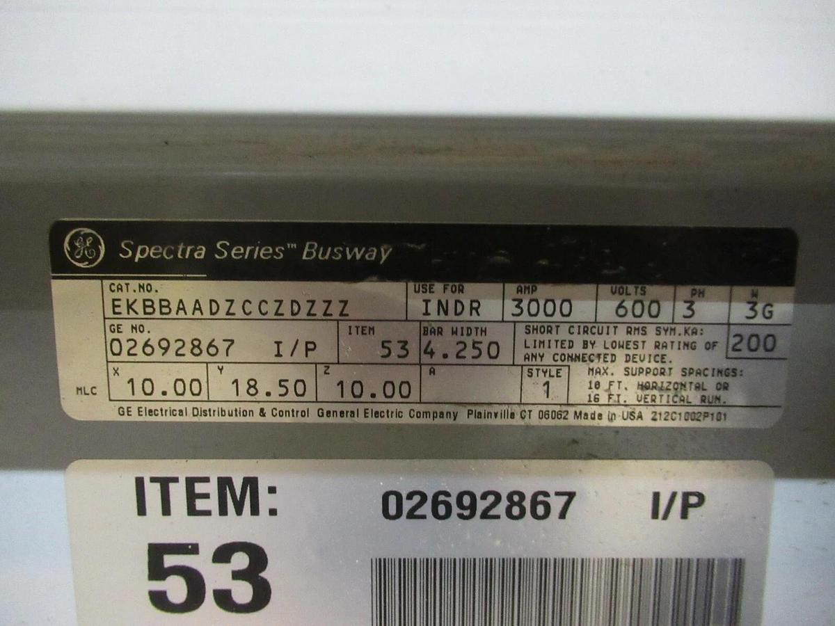 Used 3000 AMP GE SPECTRA SERIES EDGEWISE BUSWAY OFFSET 0292867 600 V 3 PH 3 W W/ G