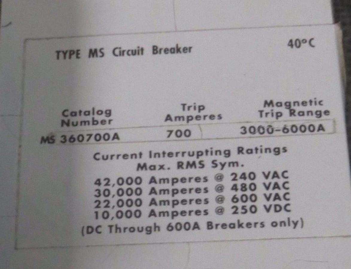 Used CUTLER HAMMER CIRCUIT BREAKER MS360700A 700 AMP 600 VAC 3-POLE W/ SHUNT TRIP