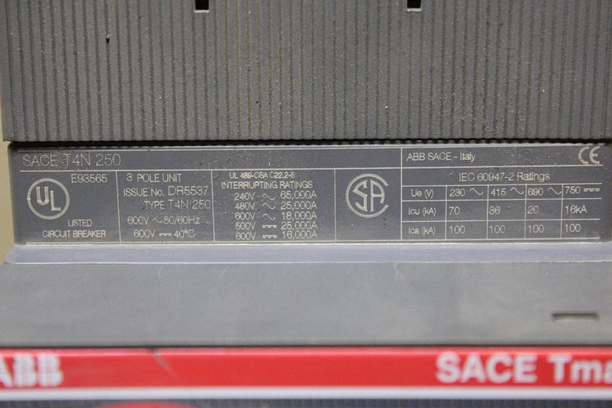 Used ABB CIRCUIT BREAKER SACE T4N-250 250 AMP 600 VOLT 3-POLE W/ OPERATOR
