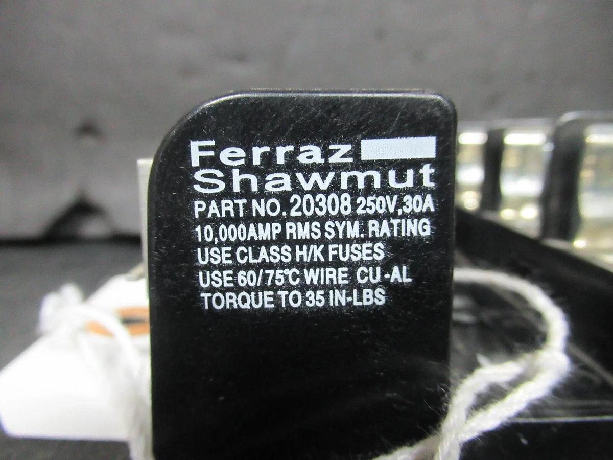 Used FERRAZ SHAWMUT THREE POLE FUSE BLOCK 20308 250 VOLT 30 AMP CLASS H/K *WARRANTY*