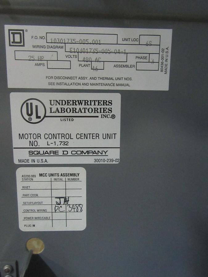 Used SQUARE D MCC FUSIBLE BUCKET 18" NEMA 2 MODEL 5W/ 8536SD01 *NO DOOR*