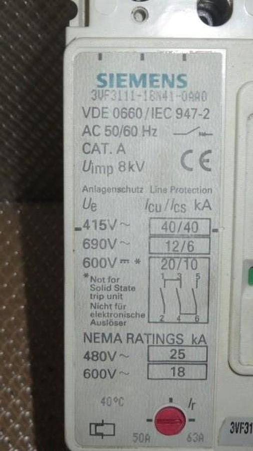 Used SIEMENS BREAKER 50-63 AMP 600 VAC 3 POLE MODEL 3VF3111-1BN41-OAB1 **WARRANTY**
