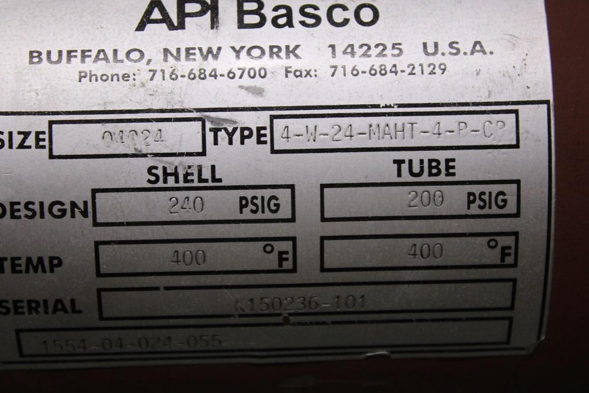 Used API BASCO HEAT EXCHANGER 4-W-24-MAHT-4-P-CP 04024 240 PSIG 400°F 2' X 6"