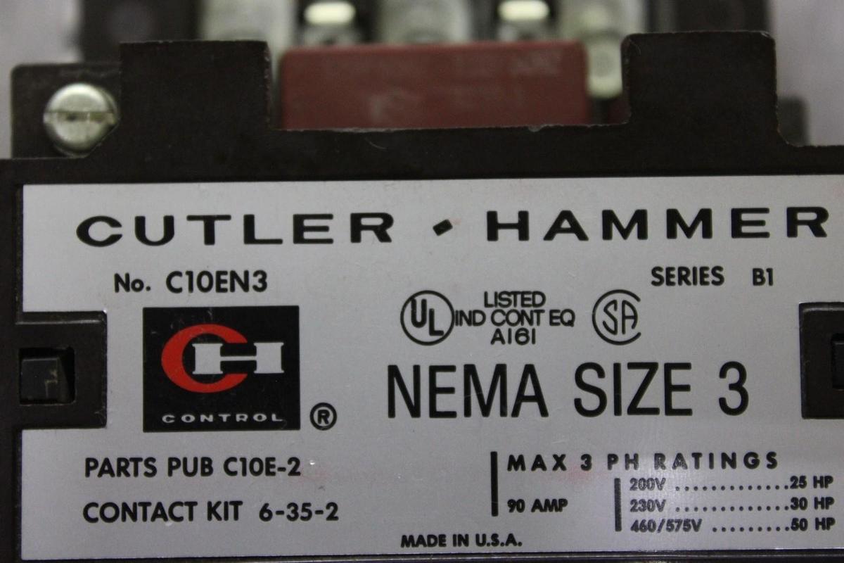Used CUTLER-HAMMER CONTACTOR C10EN3 NEMA SIZE 3 90 AMP 600 VAC 3-POLE COIL: 120 V