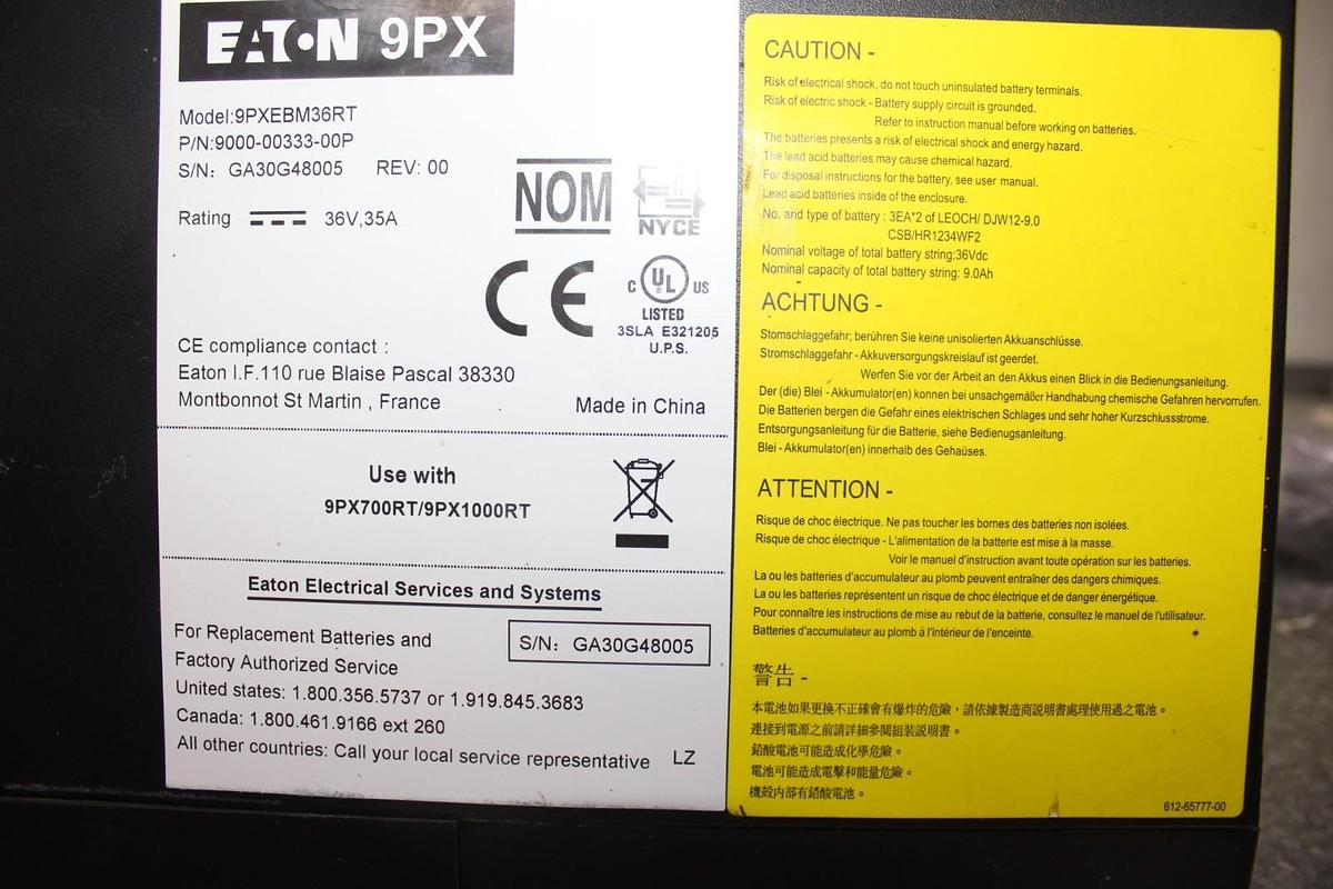 Used EATON EXTENDED BATTERY MODULE 9PX-EBM 9PXEBM36RTZ 36 VDC 35 AMP 9000-00333-00P