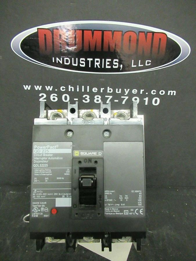 Used 225 AMP SQUARE D POWERPACT BREAKER QDL32225 3 POLE 240 VAC W/ MOUNTING PLATE
