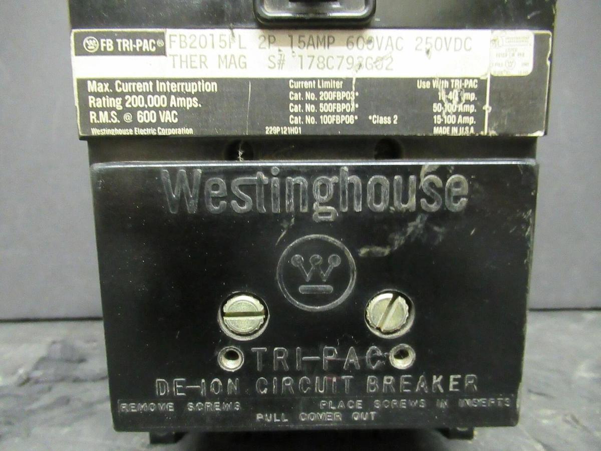 Used 15 AMP WESTINGHOUSE FB TRI-PAC BREAKER FB2015PL 2-POLE 600 VAC