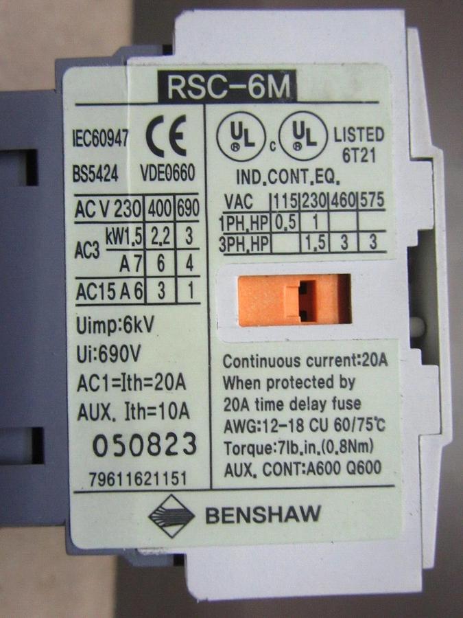 Used LOT OF 2 BENSHAW CONTACTOR RSC-6M 600 VAC 20 AMP 3-POLE 3-PHASE 3 HP