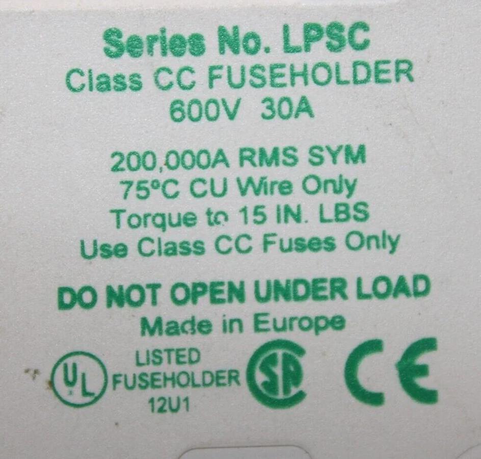 Used LITTELFUSE POWER-SAFE FUSE HOLDER LPSC 1-POLE 600 VOLT 30 AMP CLASS CC