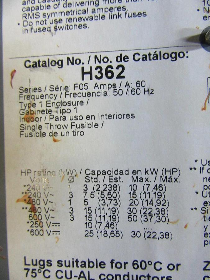 Used SQUARE D HEAVY DUTY SAFETY SWITCH H362 600 VOLT 60 AMP TYPE 1 ENCLOSURE