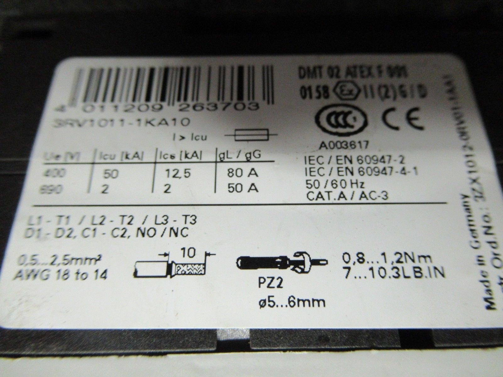Used SIEMENS MANUAL MOTOR STARTER 3RV1011-1KA10 600 VOLT 12 AMP 10 HP G/070314