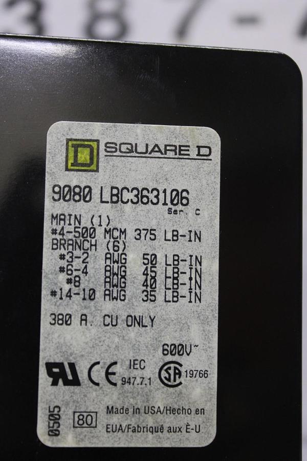 Used SQUARE D WIRE TERMINAL BLOCK 9080-LBC363106 300 AMP 600 VOLT 3-POLE **WARRANTY**