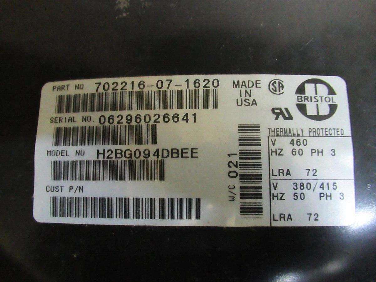BRISTOL R-22 REFRIGERENT COMPRESSOR H2BG094DBEE 702216-07-1620 3-PHASE 460 VOLT