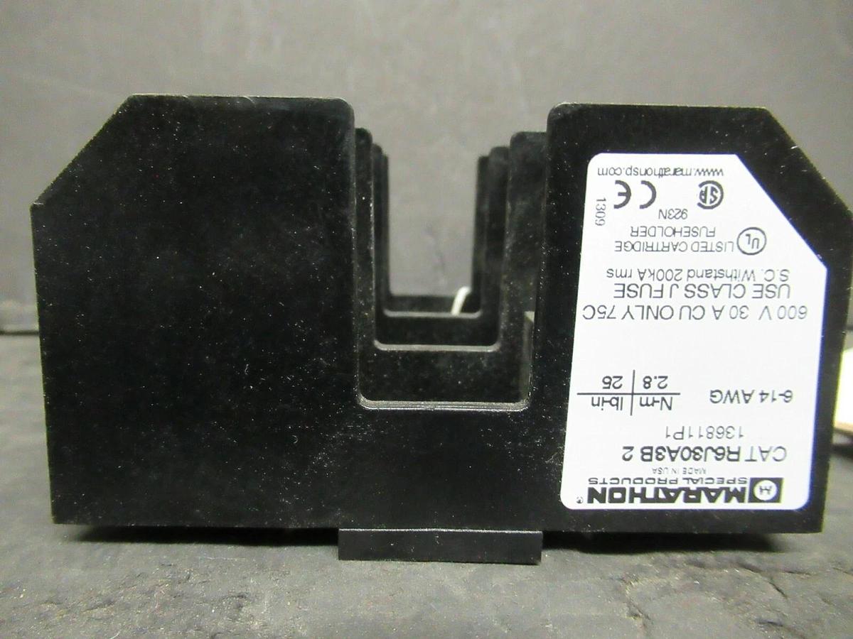 Used LOT OF 3 MARATHON FUSE HOLDER R6J30A3B-2 FOR 30 AMP 600 V CLASS J FUSES