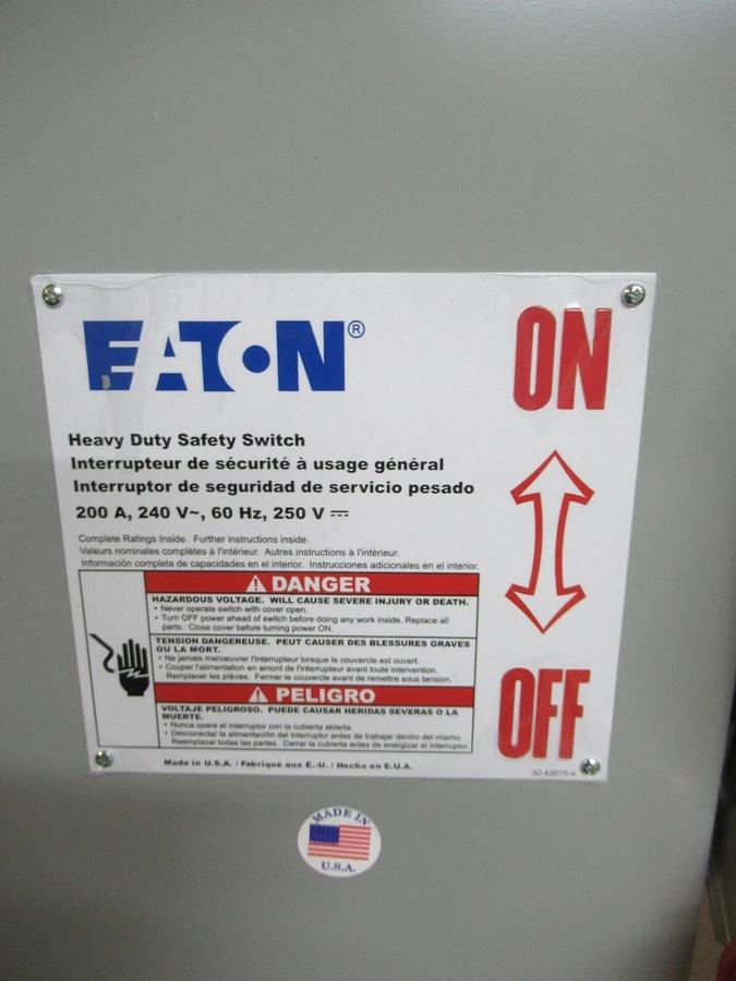 NIB EATON 200 AMP HEAVY DUTY SAFETY SWITCH DH324NGK TYPE 1 3-POLE 60 HP 240 V