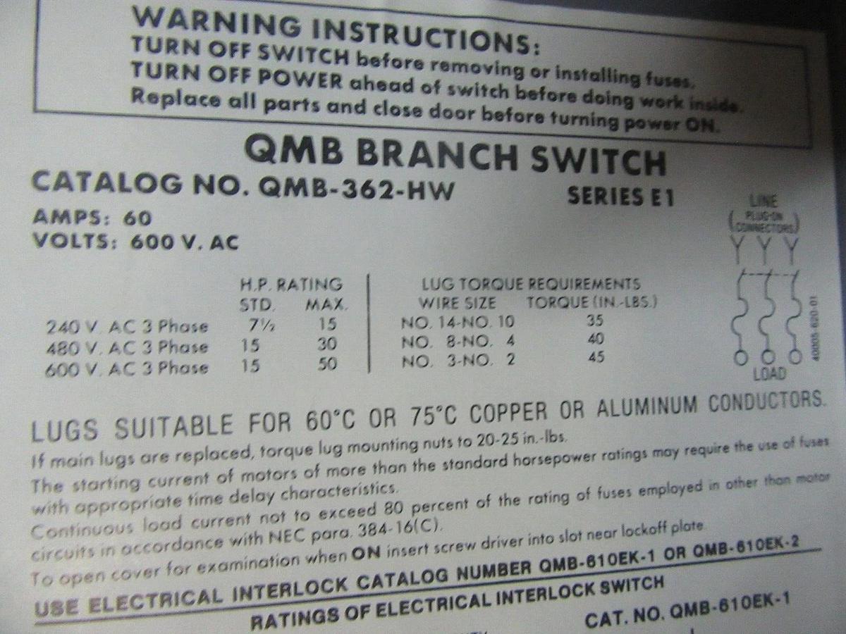 Used SQUARE D PANEL BOARD DISCONNECT QMB-362-HW 3-POLE 60 AMP 600 VAC 50 HP
