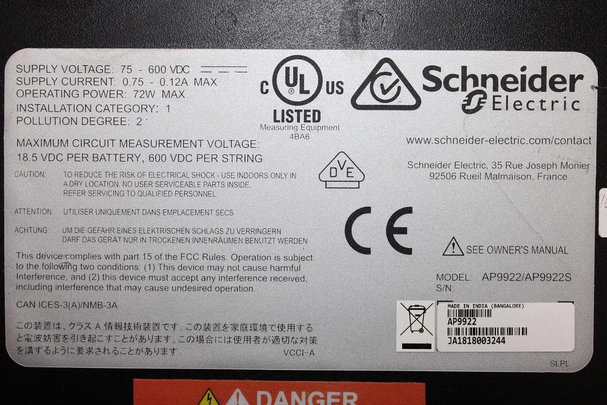 Used SCHNEIDER BATTERY MANAGEMENT MODULE AP9922/AP9922S 600 VDC 72 WATT 0.75 AMP