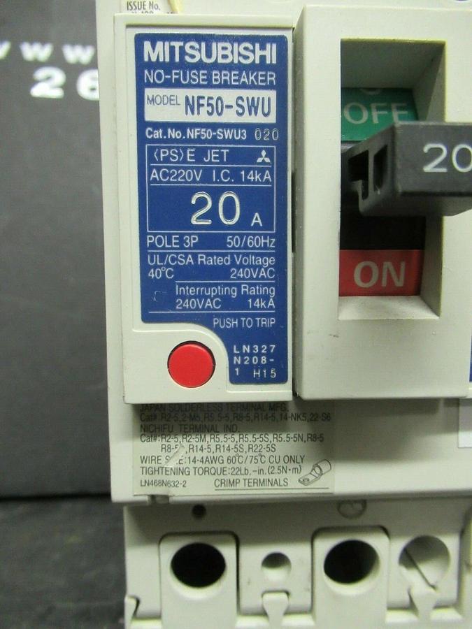 Used 20 AMP MITSUBISHI BREAKER NF50-SWU3 020  240 VAC 3 POLE **WARRANTY INCLUDED!**