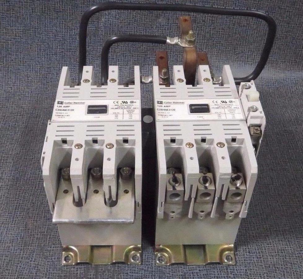 Used CUTLER HAMMER REVERSING CONTACTOR SET - 120 AMP 600 V 120V COILS  # C25HNE3120