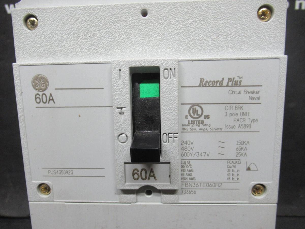 Used GE BREAKER RECORD PLUS FBN36TE060R2 TYPE: HACR 60 AMP 600 VAC **WARRANTY**