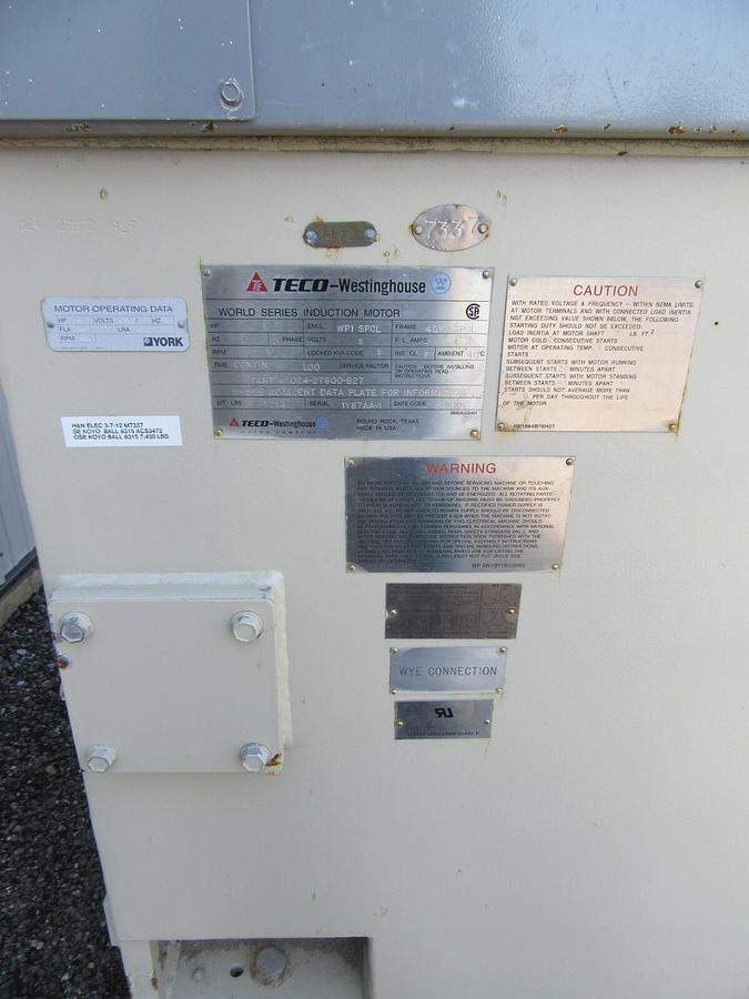 Used 886 HP TECO / YORK INDUCTION MOTOR 4160 V 3 PH 4510 FRAME 3600 RPM 108 FLA 2001