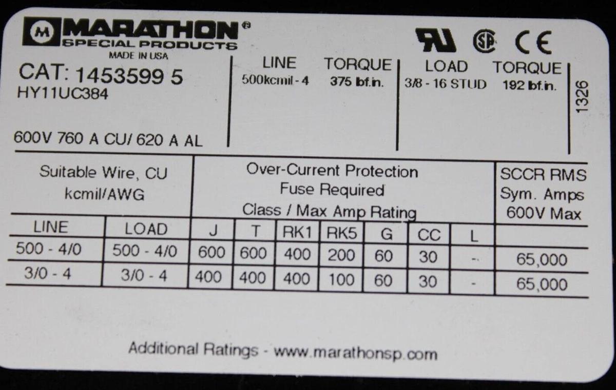 Used MARATHON POWER DISTRIBUTION LUG TERMIAL 1453599-5 600 VAC 760 AMP 3-POLE