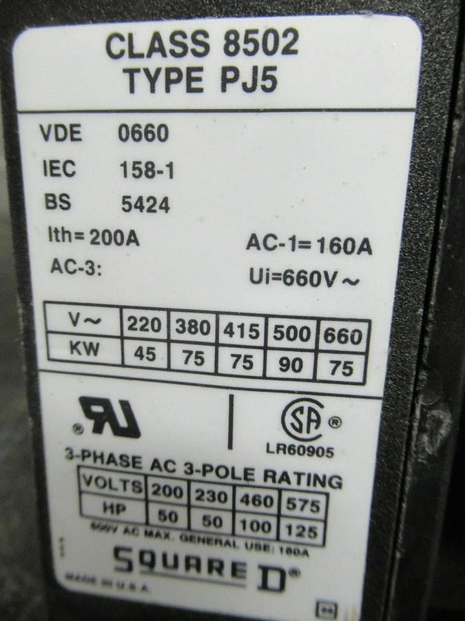 Used SQUARE D CONTACTOR 8502PJ5 PJ5.11 160 AMP 600 VAC 125 HP 3-PHASE 3-POLE