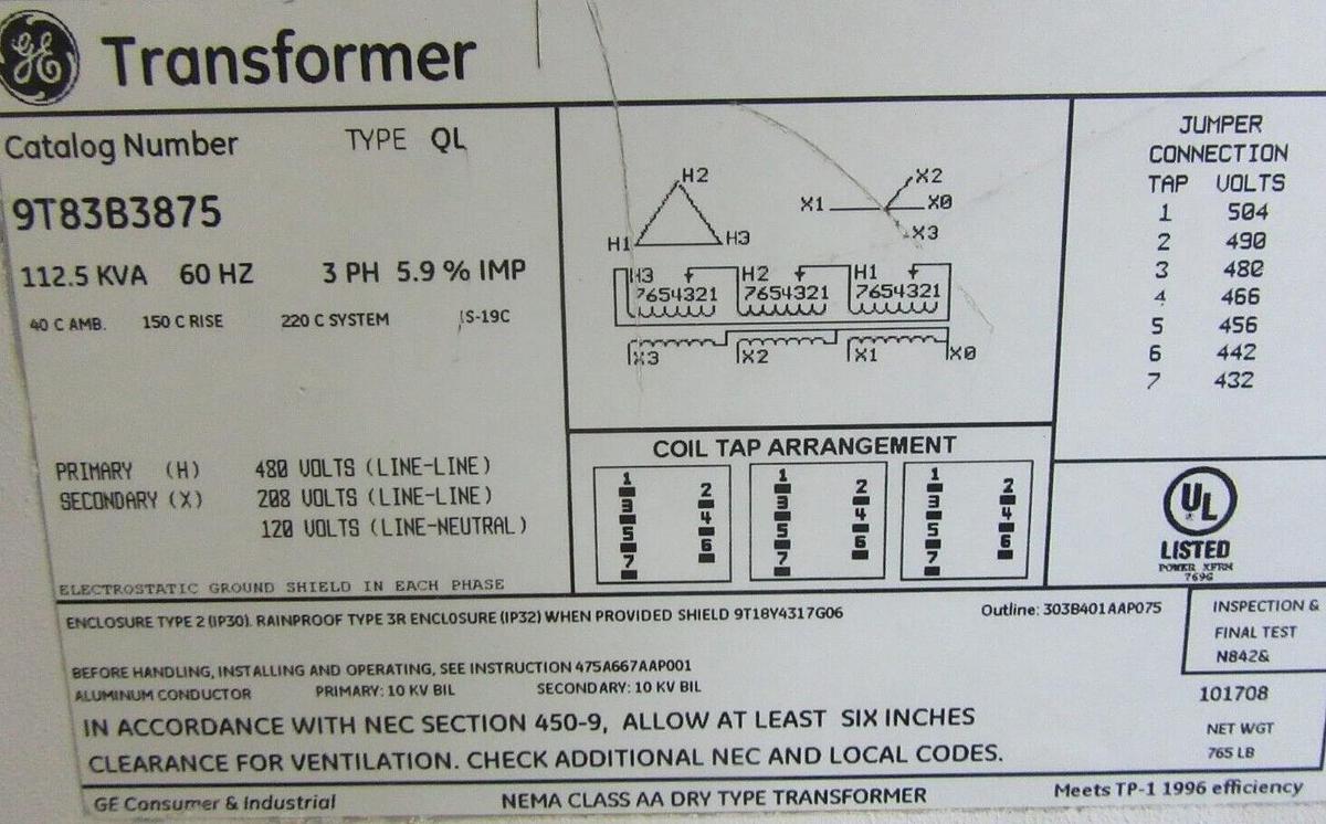 Used GE TRANSFORMER 9T83B3875 112.5 KVA PRI: 480 VOLT SEC: 208/120 VOLT 3-PHASE