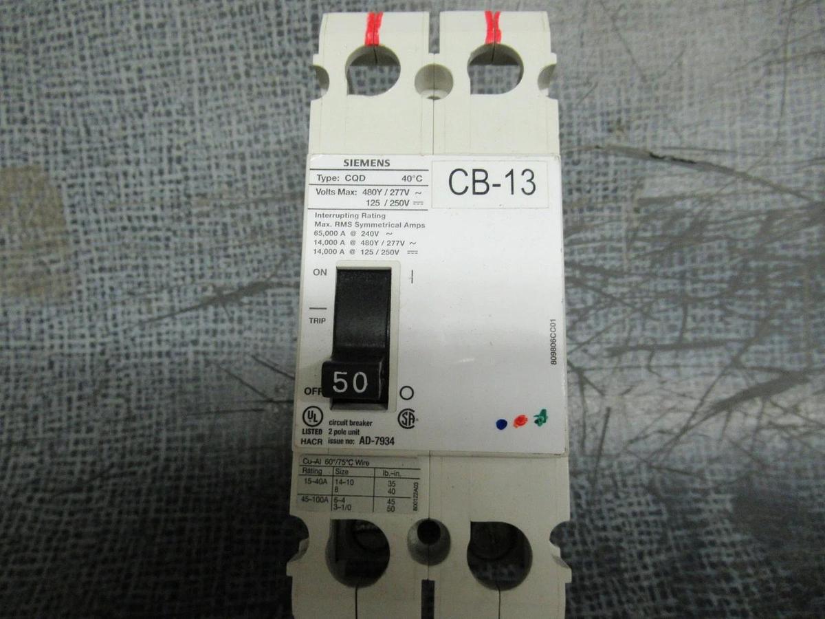 Used SIEMENS CIRCUIT BREAKER CQD250 50 AMP 2-POLE 277 VAC