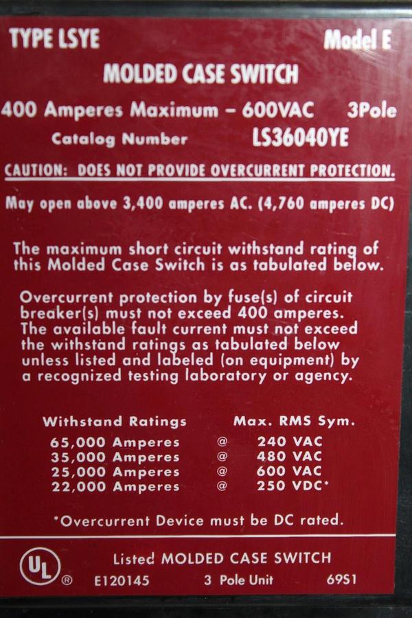 Used CUTLER HAMMER MOLDED CASE SWITCH LS36040YE 400 AMP 600 VAC 3-POLE *WARRANTY*
