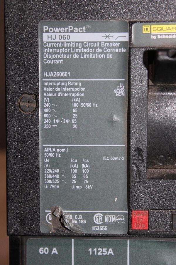 Used SQUARE D POWERPACT I-LINE CIRCUIT BREAKER HJA260601 60 AMP 600 VAC 2-POLE