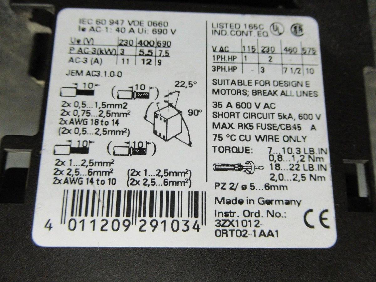 Used SIEMENS CONTACTOR 3RT1024-1B 600V 35A 10HP **WARRANTY INCLUDED**