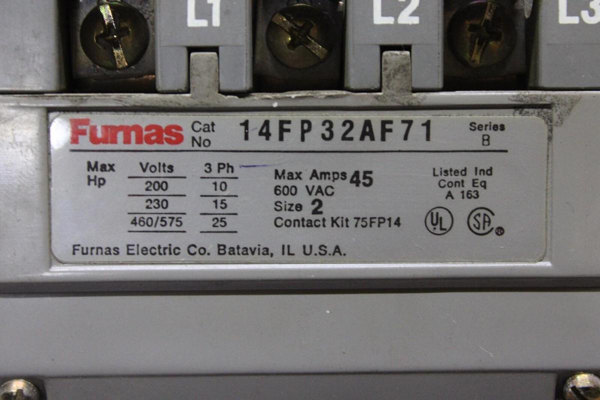 Used FURNAS STARTER 14FP32AF71 45 AMP NEMA 2 600V 25 HP 3-PHASE COIL: 120V