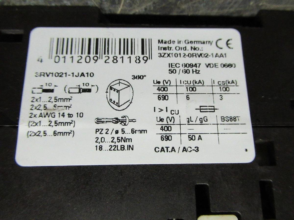 Used SIEMENS MANUAL MOTOR START 3RV1021-1JA10 600V 10A 10HP G/030311