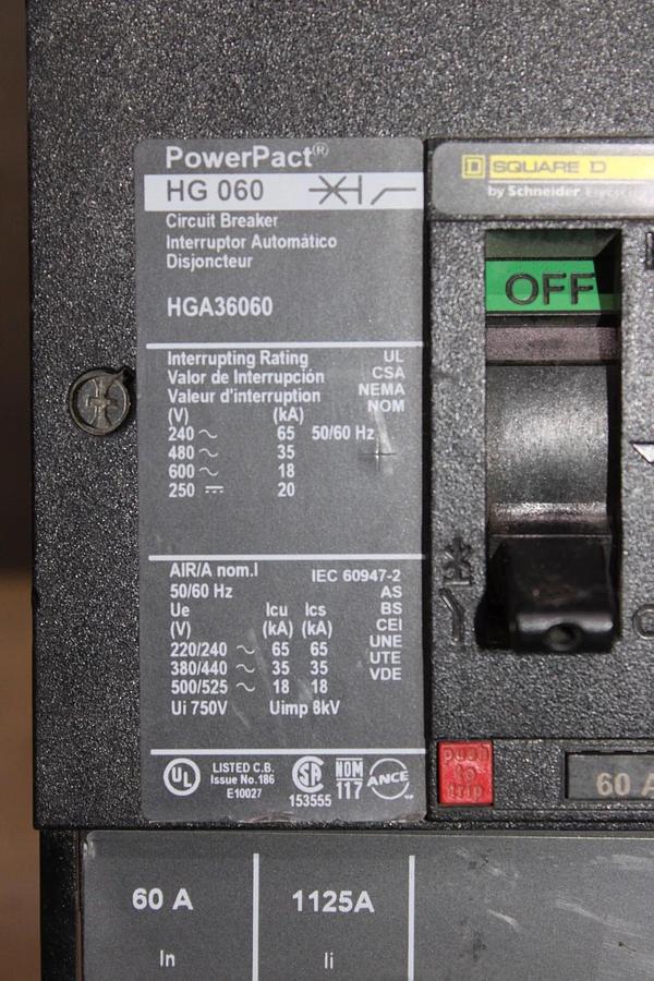 Used SQUARE D POWERPACT I-LINE CIRCUIT BREAKER HGA36060 60 AMP 600 VAC 3-POLE