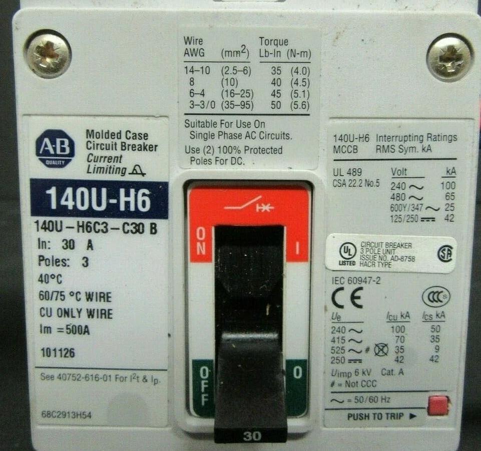 Used 30 AMP ALLEN BRADLEY BREAKER 140U-H6C3-C50 SER. B 3 POLE 480 VAC **WARRANTY**