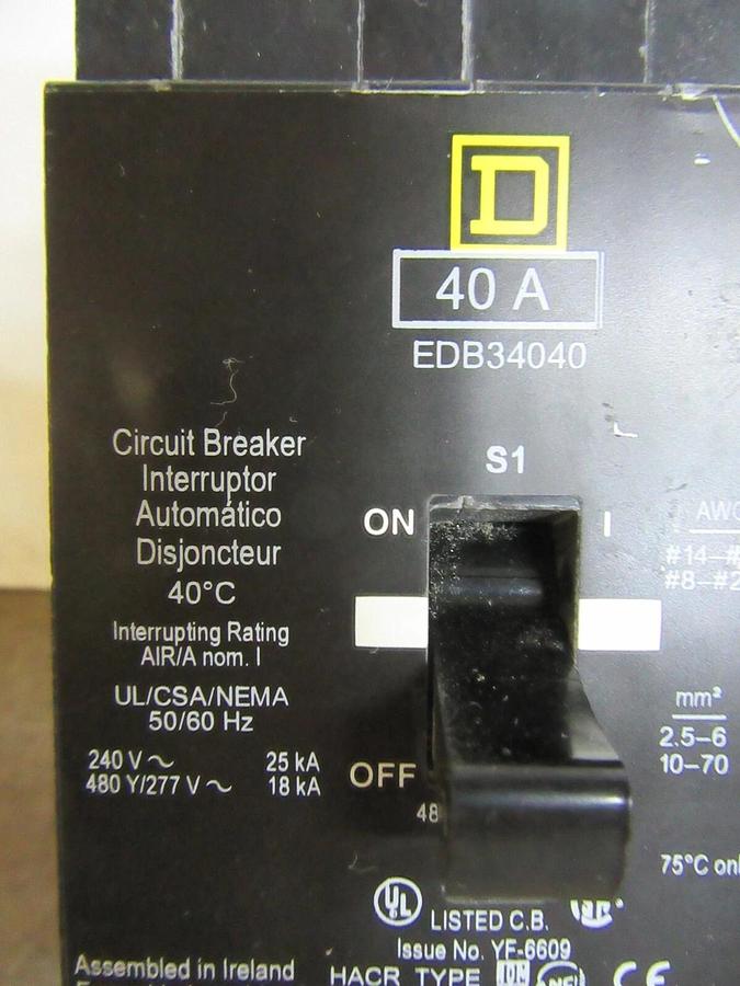 Used SQUARE D CIRCUIT BREAKER EDB34040 40 AMP 480/277 VAC 3-POLE **WARRANTY**